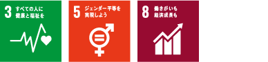 SDGsのアイコン3番、5番、8番